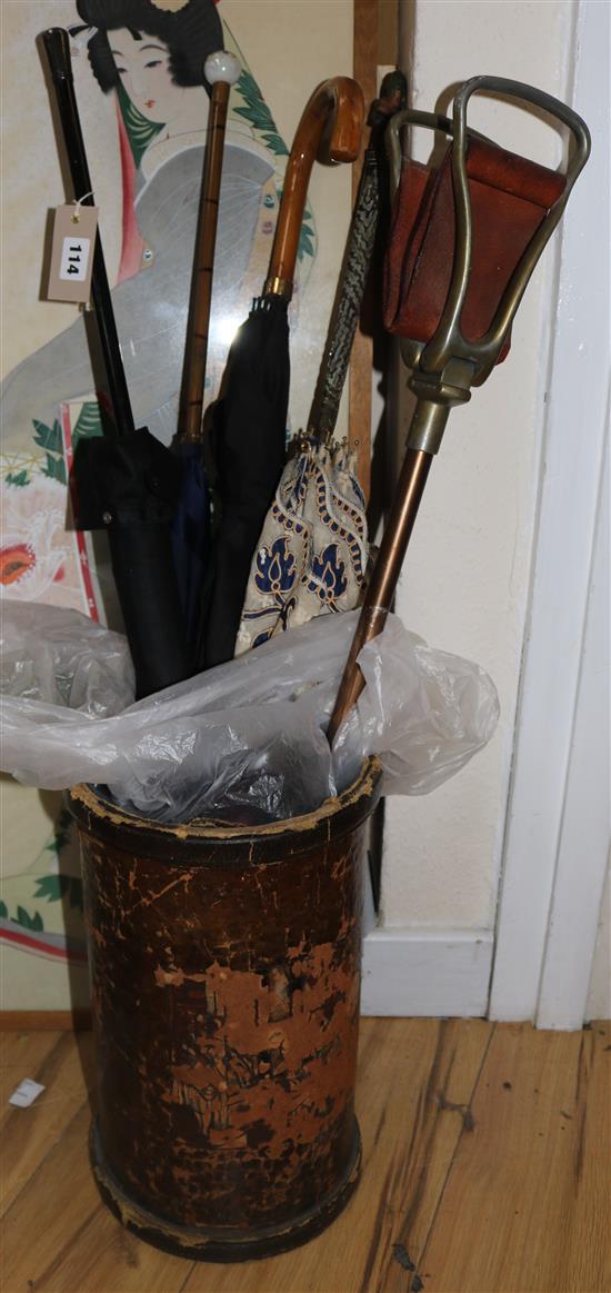 A silver top parasol, 3 others and a shooting stick